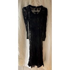 90s Romantic Victorian Black Lace Beaded Embellished Long Sleeve Goth Maxi Dress